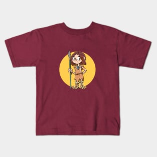 Prehistoric hunter boy with spear in hand Kids T-Shirt